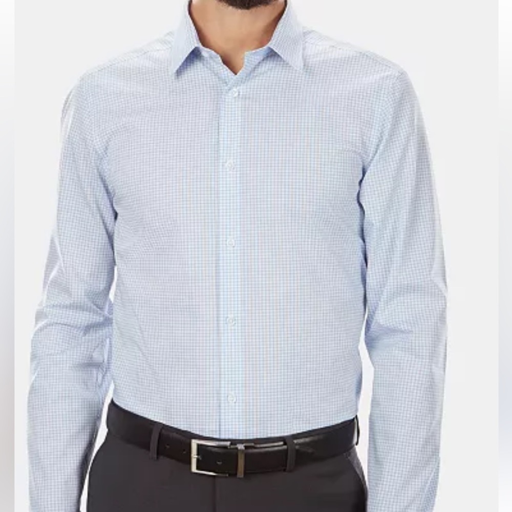 Men's Slim-Fit Non-Iron Performance Stretch Blue Check Dress Shirt